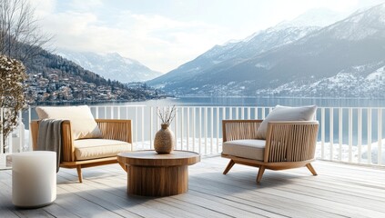 Cozy winter balcony overlooking snowy mountains and lake.  Wooden furniture, beige cushions, and a crisp white deck create a serene and inviting ambiance