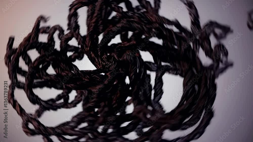 Poster top-down video view of twisted, dark ropes forming a spiral pattern on a light background, creating 