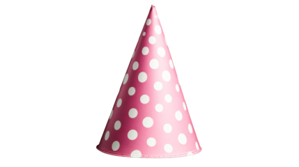 Pink polka dot party hat isolated on a black background, cut out transparent