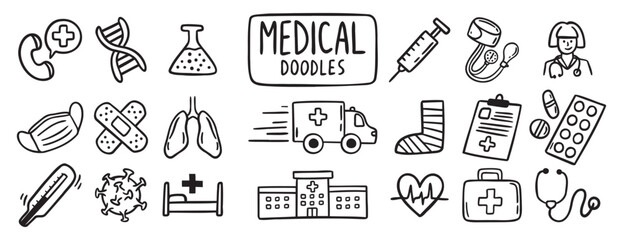 medical health care doodle hand drawn icon set. Outline drawing medical health care items line clipart symbol collection. Outline drawing line clipart symbol collection