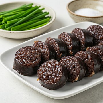 Korean Soondae Blood Sausage Sliced with Salt and Garlic Chives