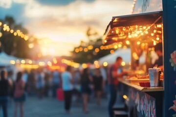 Evening Food Truck Festival Warm Sunset Glow Bright Lights Festive Atmosphere Delicious Street Food Urban Night Market Crowd People Enjoying Summer Event Tasty Treats Happy People Gathering Outdoor   