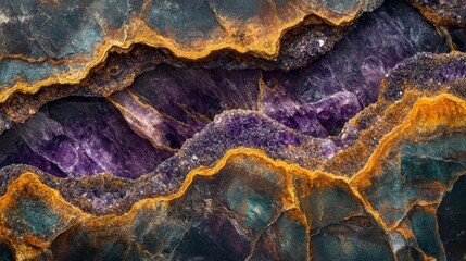 Fototapeta premium Abstract gemstone texture background with glowing golden veins and a mesmerizing geode of purple amethyst crystals