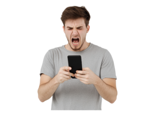 Young Man Expressing Anger While Using Smartphone