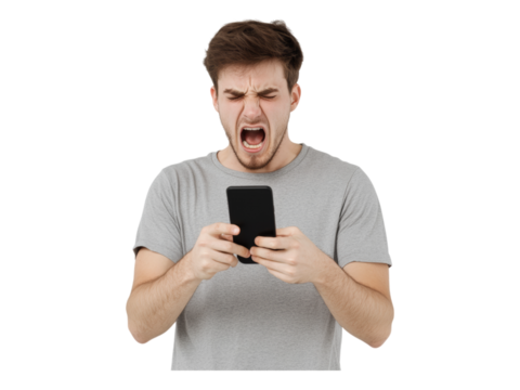 Young Man Expressing Anger While Using Smartphone