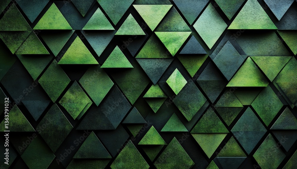 Aufkleber layered collection of green triangles creating depth and modern design on a stark black background, 