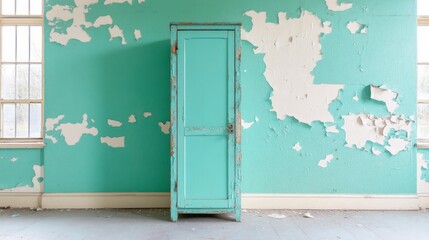 A weathered blue cabinet stands in a room with peeling paint
