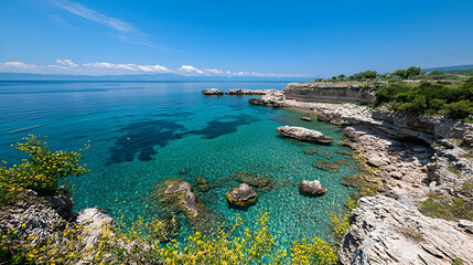 Vivid Blue Ocean Waters Meet Rocky Coastline Under Clear Sky during Sunny Day