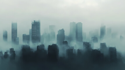 Fototapeta premium Cityscape shrouded in gray smog with silhouettes of buildings fading into the haze. generative ai. Shrouded Evolution. Illustration