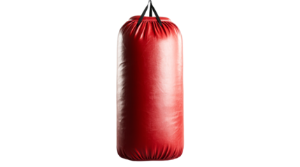 Red punching bag hanging on black backdrop, cut out transparent