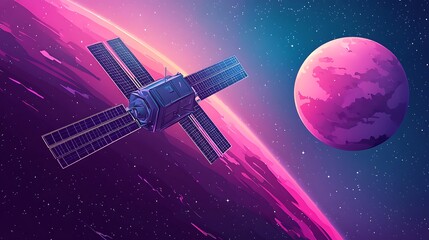 Futuristic Satellite Orbiting a Colorful Planet, A futuristic satellite orbiting a colorful planet in a vibrant space scene