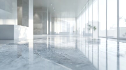 Modern, spacious, minimalist interior.  Large windows, polished marble floors