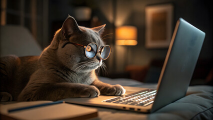 close up of a shorthair cat wearing glasses with notebook