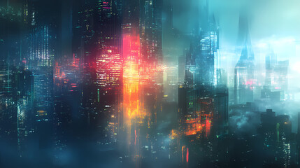 Naklejka premium Glowing metropolis: an abstract, futuristic city scene with glowing buildings, suggesting a technological or digital theme, is shrouded in mist. Shrouded Evolution. Illustration