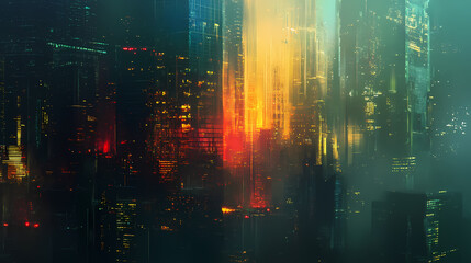 Naklejka premium Glowing metropolis: an abstract, futuristic city scene with glowing buildings, suggesting a technological or digital theme, is shrouded in mist. Shrouded Evolution. Illustration
