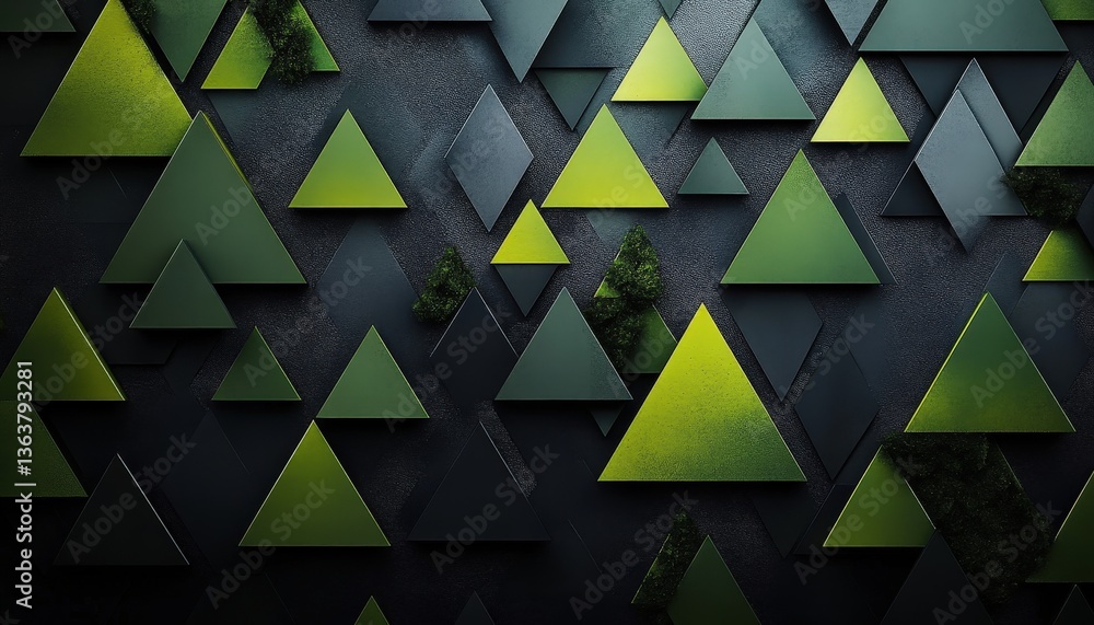 Leinwandbilder layered collection of green triangles creating depth and modern design on a stark black background, 