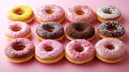 An assortment of pink and chocolate donuts with various sprinkles arranged neatly on a pastel pink background