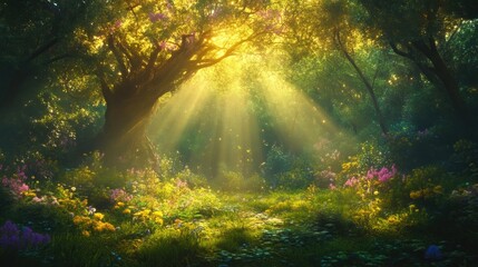 Obraz premium Sunlit forest glade filled with vibrant flowers and lush greenery. Sunlight streams through the trees, creating a magical atmosphere
