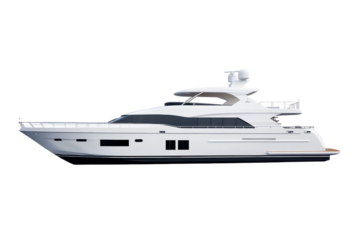 Large white boat with a blue stripe on the side, isolated