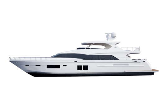 Large white boat with a blue stripe on the side, isolated