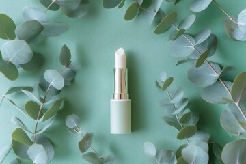 Natural lip balm surrounded by eucalyptus leaves (1)