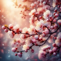 A Gentle Spring Scene Showcasing Delicate Sakura Blossoms on a Branch, Bathed in Soft, Diffused Light, Evoking the Tranquil and Ephemeral Beauty of Nature's Renewal.