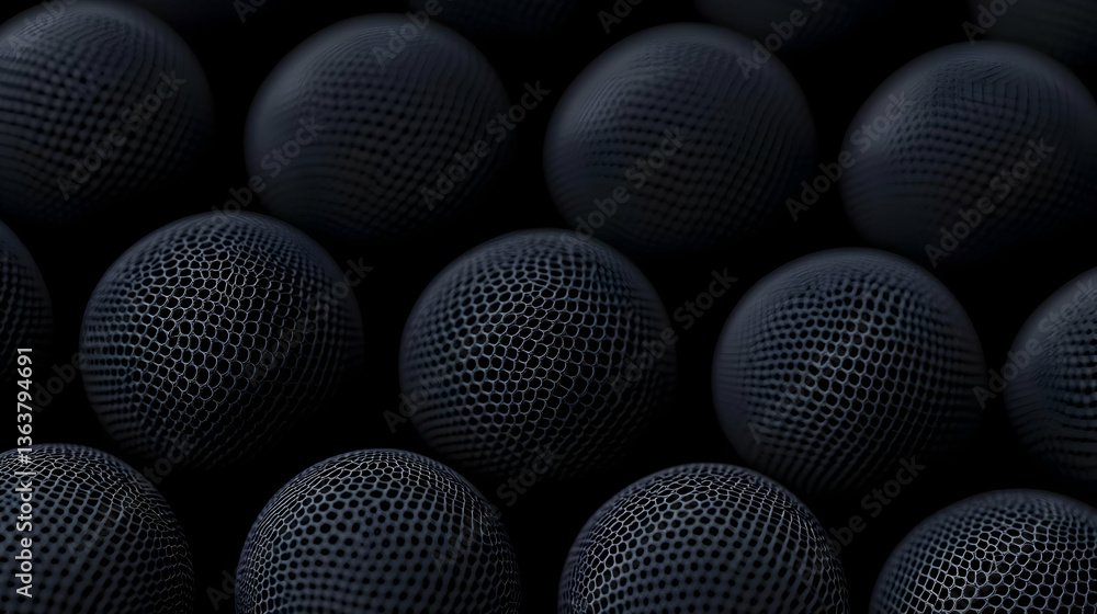 Poster abstract dark spheres in a geometric pattern with grid texture and surface detail in black backgroun