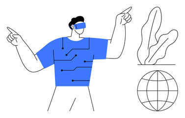 Individual wearing VR headset, interacting with digital elements. Circuitry on shirt symbolizes connectivity. Globe, plant suggest innovation, eco-awareness. Ideal for technology, sustainability