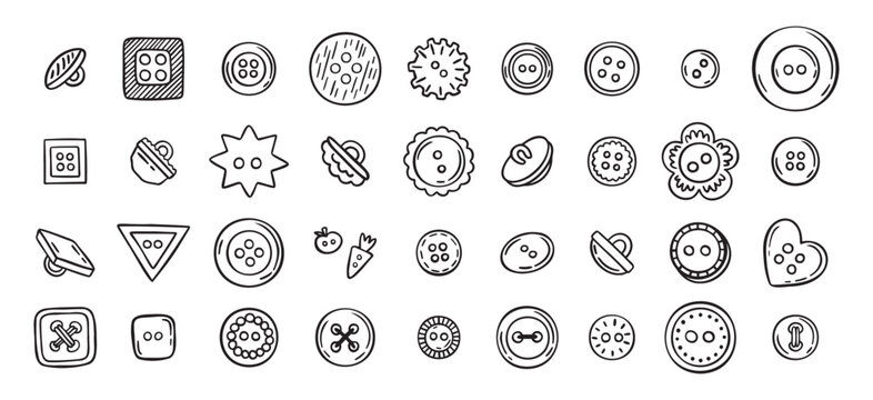 Sewing buttons line hand drawn doodle art icons set. Sewing accessories clothes various outline shapes. 