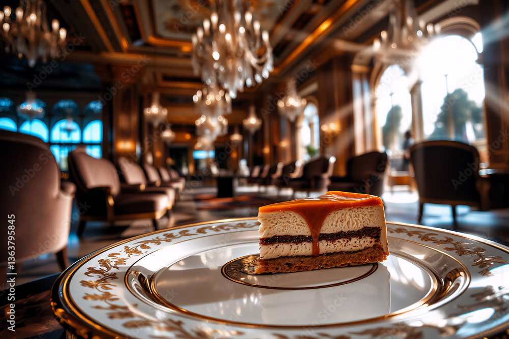 Aufkleber elegant caramel cake slice on a decorative plate in a luxurious room with chandeliers and soft chair