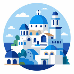 Fototapeta premium White domed Greek Orthodox church with a cross stands in Oia, Santorini, amidst ancient island architecture