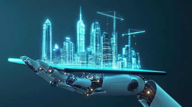 Robotic hand holds a tablet displaying a futuristic city model in construction