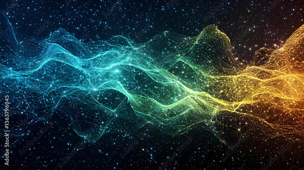 Poster abstract digital visualization of glowing particles in space with dynamic waves and vibrant colors