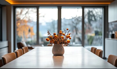 Modern dining room with a vase of decorative orange berries