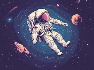 Illustrated astronaut floating in outer space surrounded by colorful planets and stars