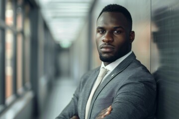 Fototapeta premium Portrait of a confident black man in office hallway