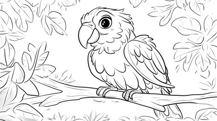 Cute parrot perched on branch, jungle foliage background; children's book illustration