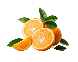 Fresh ripe orange fruit with leaves, orange on transparent background