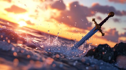 Sword rising from water with sunset background
