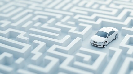 White Car Navigating a Complex 3D Maze Conceptual Image of Challenges and Solutions