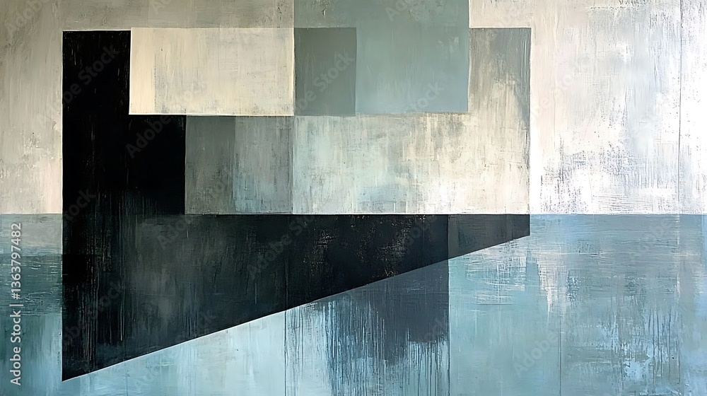 Poster abstract geometric painting with intersecting rectangular shapes in shades of blue, gray, and black 