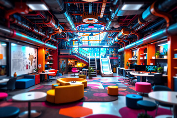 A vibrant office interior showcases a playful and modern design with exposed pipes, colorful furniture, and a slide, creating an energetic workspace.