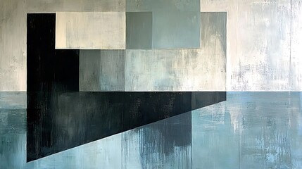 Abstract geometric painting with intersecting rectangular shapes in shades of blue, gray, and black creating a modern composition