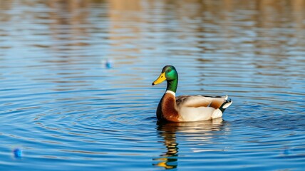 Colorful male duck swimming peacefully in a serene pond during a sunny afternoon
