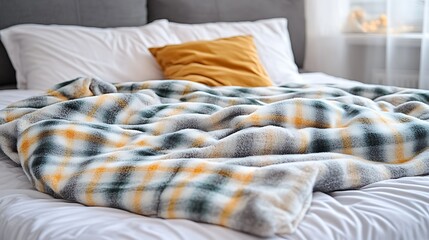 Cozy bed with a colorful checkered flannel blanket and soft pillows in a bright bedroom interior