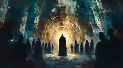Naklejka premium Mysterious figures encircle central silhouette silently. Arcane Encapsulation. Illustration