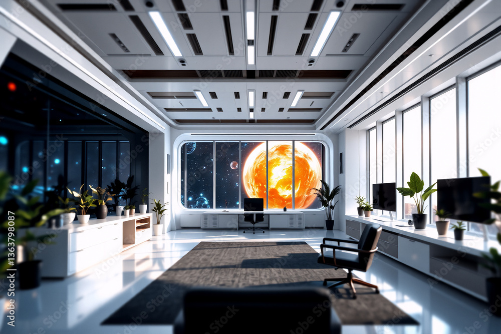 Aufkleber futuristic office interior featuring a large window displaying a vibrant cosmos view with planets an