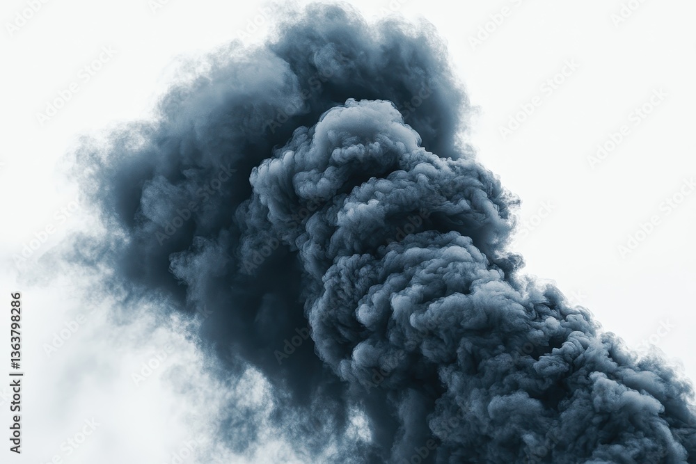 Poster Close-up view of swirling black smoke creating intricate textures and patterns against a stark white background