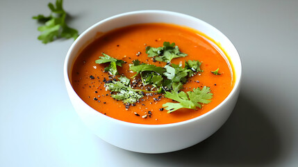 Orange Soup In White Bowl Topped With Green Herbs On Light Grey Surface