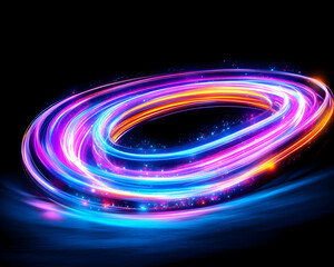 Naklejka premium Vibrant light trails form swirling oval, glowing neon colors on black background